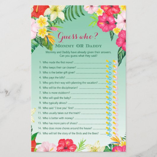 Luau Tropical Baby Shower Game PRINTED (Vorderseite)
