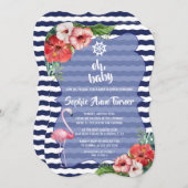 Luau Tropical Flamingo Navy Stripes BABY SHOWER Einladung (Vorne/Hinten)