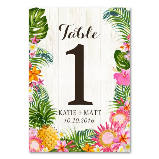 Luau Tropical Floral Rustic Wood Tischnummer (Vorderseite)