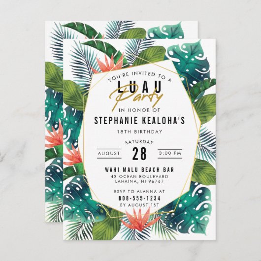 Luau Tropical Palm Blätter & Monstera Einladungspostkarte (Vorne/Hinten)