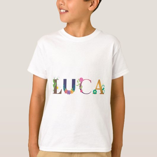 LUCA Name Art mit bestickten Blume T-Shirt (Vorderseite)