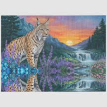 Luchs bei Sonnenaufgang durch Wasserfall