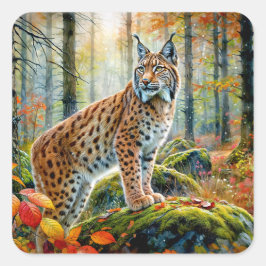 Luchs im Herbstwald Autumcore Wasserfarbe Quadratischer Aufkleber