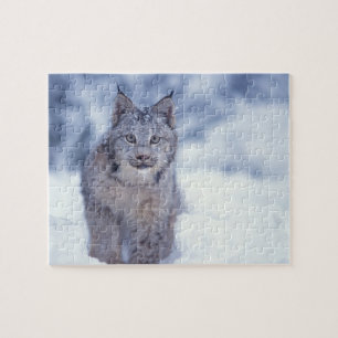 Luchs im Schnee am Fuße der Berge Puzzle