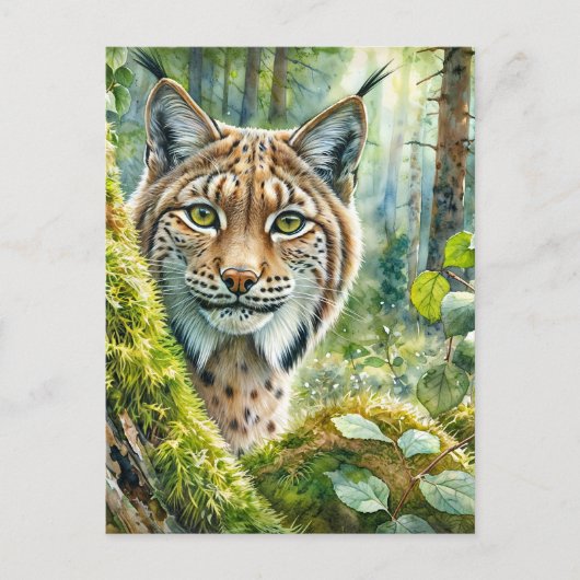 Luchs in üppig grünem Wald Wasserfarbe Postkarte (Vorderseite)