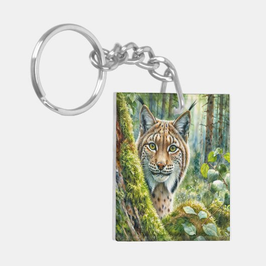 Luchs in üppig grünem Wald Wasserfarbe Schlüsselanhänger (Vorderseite links)