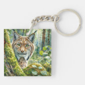 Luchs in üppig grünem Wald Wasserfarbe Schlüsselanhänger (Rückseite)