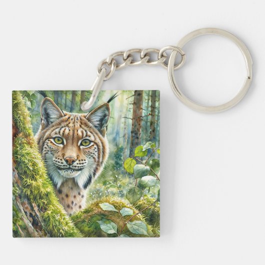 Luchs in üppig grünem Wald Wasserfarbe Schlüsselanhänger (Rückseite)