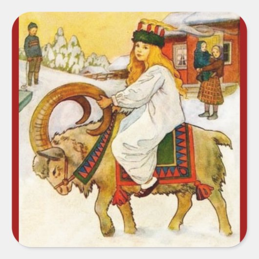 Lucia Riding a Christmas Goat Quadratischer Aufkleber (Vorderseite)