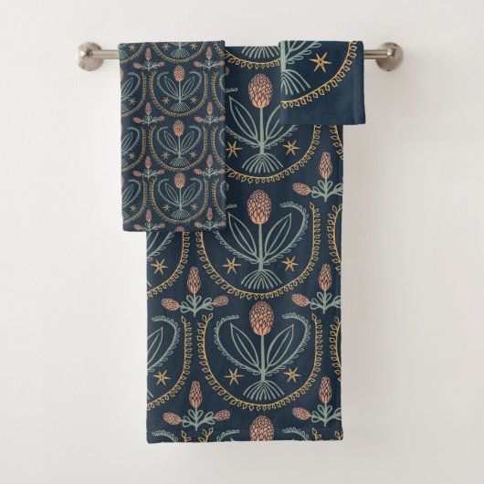 Lucile Floral Botanisches Fliesenmuster Deep BLue Badhandtuch Set (Insitu)