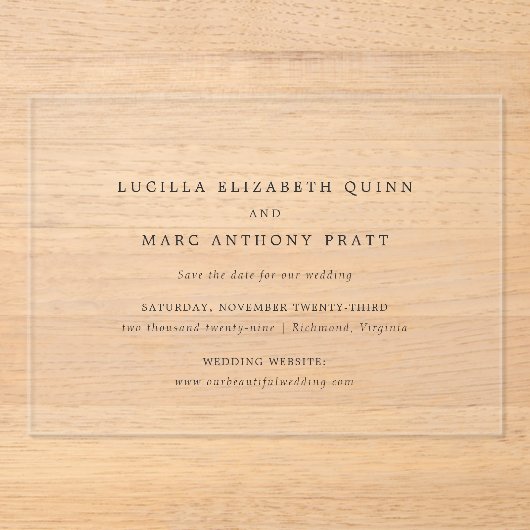 Lucilla Elegant Moderne Hochzeit retten Acryleinladungen (Vorderseite)