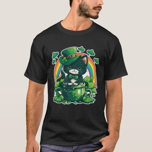 Lucky Cat and Pot Rainbow Shamrock St Patrick s Da T-Shirt (Vorderseite)