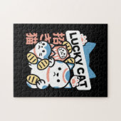 Lucky Cat Art – Maneki Neko with Gold Coin Puzzle (Horizontal)