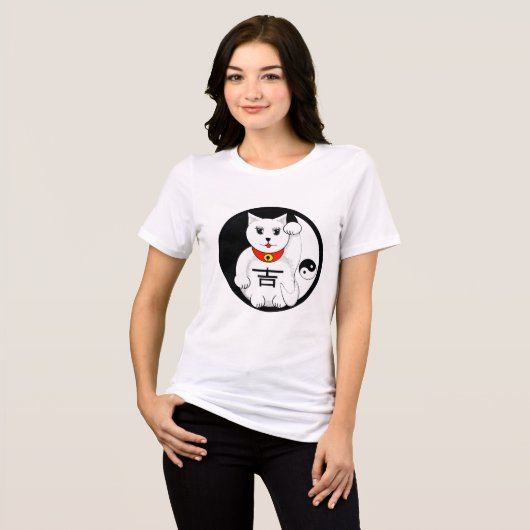 Lucky Cat Maneki Neko Beckoning Welcome Yin & Yang Tri-Blend Shirt (Vorderseite voll)