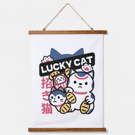 Lucky Cat Maneki Neko – Japanese Fortune Cat  Wandteppich Mit Holzrahmen (Vorderseite)