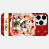 Lucky Cat With Red Flowers Monogrammed Case-Mate iPhone Hülle (Rückseite (Horizontal))