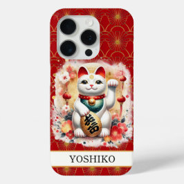 Lucky Cat With Red Flowers Monogrammed Case-Mate iPhone Hülle