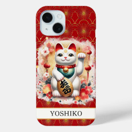 Lucky Cat With Red Flowers Monogrammed Case-Mate iPhone Hülle