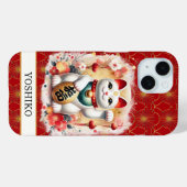 Lucky Cat With Red Flowers Monogrammed Case-Mate iPhone Hülle (Rückseite (Horizontal))