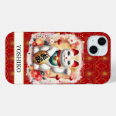 Lucky Cat With Red Flowers Monogrammed Case-Mate iPhone Hülle (Rückseite (Horizontal))