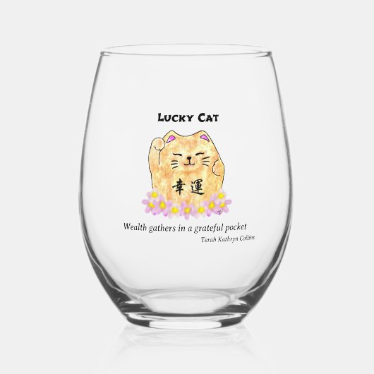 Lucky Cat - Wohlstand sammelt sich in einer dankba Weinglas Ohne Stiel (Vorderseite)