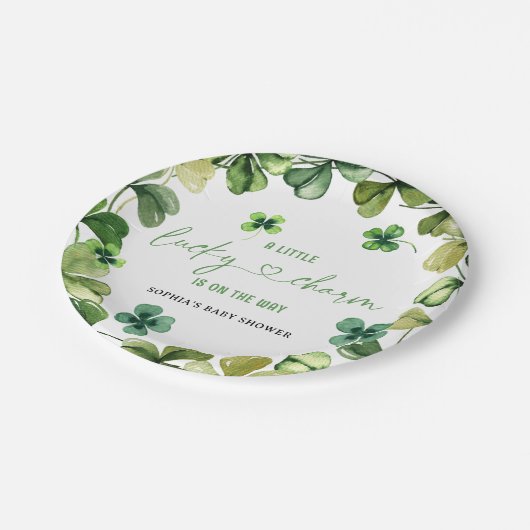 Lucky Charm Baby Dusche Kleeblatt Klee Pappteller (Schrägansicht)