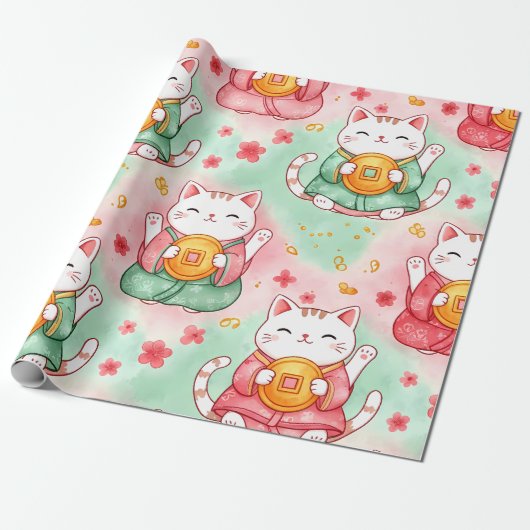 Lucky Charm Cats – Prosperity in Pastel Pattern Geschenkpapier (Ungerollt)