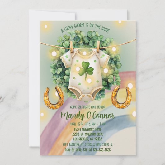 Lucky Charm Kleeblatt und Rainbow Baby Dusche Einladung (Vorderseite)