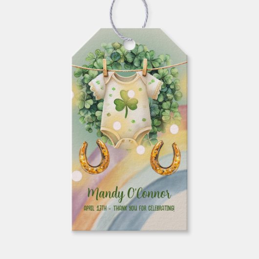 Lucky Charm Kleeblatt und Rainbow Baby Dusche Geschenkanhänger (Vorderseite)