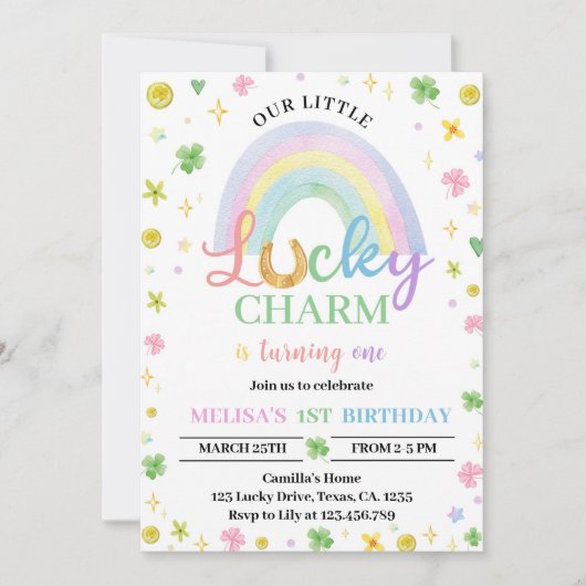 Lucky Charm Rainbow Kleeblatt Einladung zum Geburt (Vorderseite)