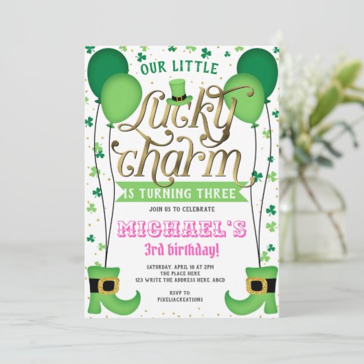 Lucky Charm, St Patrick's Day, Girl Birthday Einladung (Stehend Vorderseite)