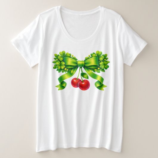 Lucky Clover Bow with Cherries Green Design Große Größe T-Shirt (Design vorne)