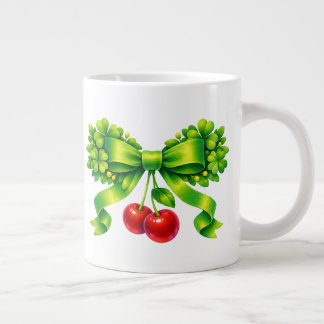 Lucky Clover Bow with Cherries Green Design Jumbo-Tasse