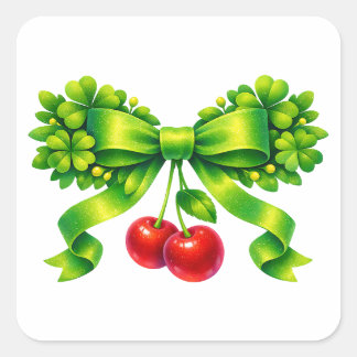 Lucky Clover Bow with Cherries Green Design Quadratischer Aufkleber