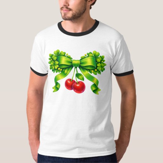 Lucky Clover Bow with Cherries Green Design T-Shirt (Vorderseite)