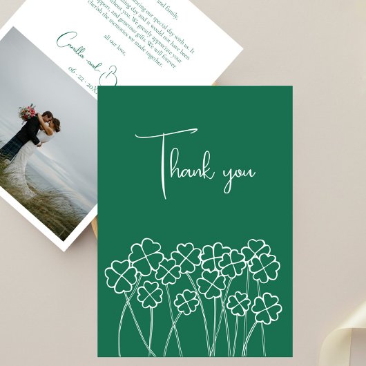 Lucky Clover Emerald Green Chic Foto Hochzeit Dankeskarte