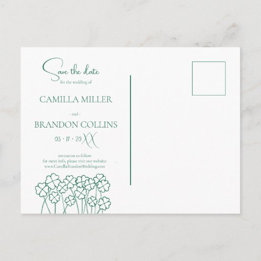 Lucky Clover Emerald Green Modern Save the Date Postkarte (Rückseite)