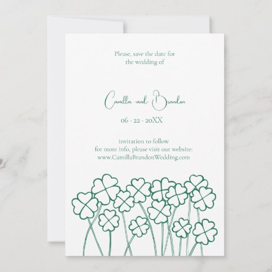 Lucky Clover Emerald Green Modern Wedding Save The Date (Rückseite)
