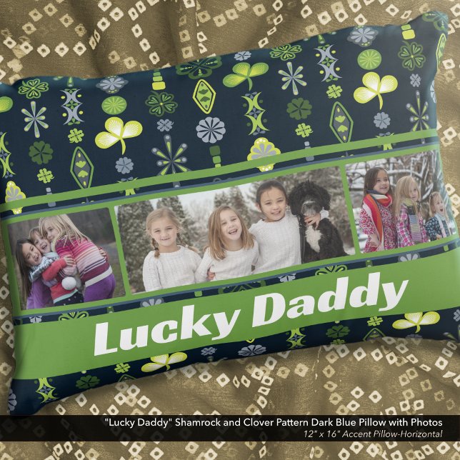 "Lucky Daddy" Kleeblatt Clover Pattern Blue Foto Dekokissen ("Lucky Daddy" Shamrock and Clover Dark Blue Pattern Pillow: Personalize with six different photos)