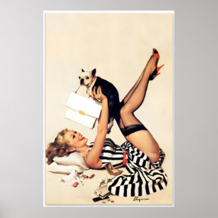 Lucky Dog Pug958 Vintage Style Elvgren Pin-Up Mädc Poster