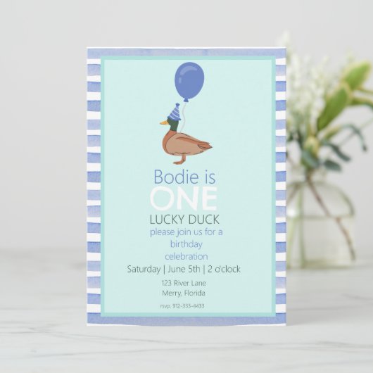 Lucky Duck 1. Geburtstag Einladung (Stehend Vorderseite)