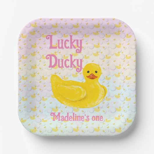 Lucky Ducky Erste Geburtstagseinladung Pappteller (Vorderseite)