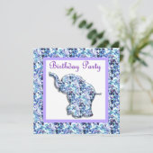 LUCKY ELEPHANT BIRTHDAY PARTY INVITATION BLUE EINLADUNG (Stehend Vorderseite)