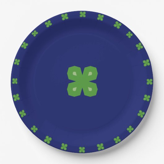 Lucky Geometric Vier-Leaf Clovers auf Blue Pappteller (Vorderseite)