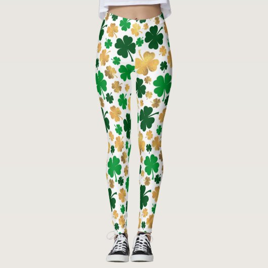 Lucky Gold Foil Vierblättriges Kleeblatt Kleeblatt Leggings (Vorderseite)