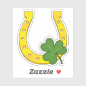 Lucky Golden Horseshoe mit Kleeblatt auf Schwarz Aufkleber (Blatt)