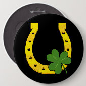 Lucky Golden Horseshoe mit Kleeblatt auf Schwarz Button (Vorne & Hinten)