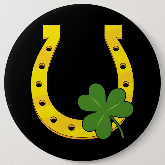 Lucky Golden Horseshoe mit Kleeblatt auf Schwarz Button (Vorderseite)