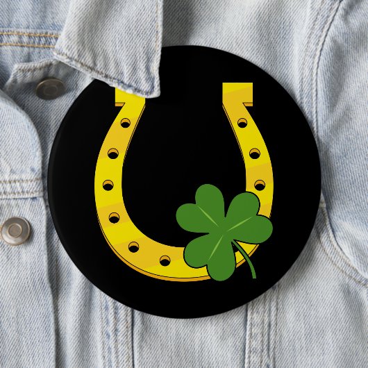 Lucky Golden Horseshoe mit Kleeblatt auf Schwarz Button (Beispiel)