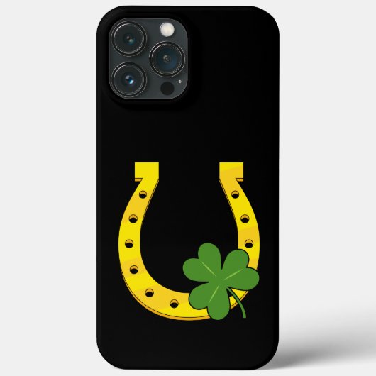 Lucky Golden Horseshoe mit Kleeblatt auf Schwarz Case-Mate iPhone Hülle (Rückseite)